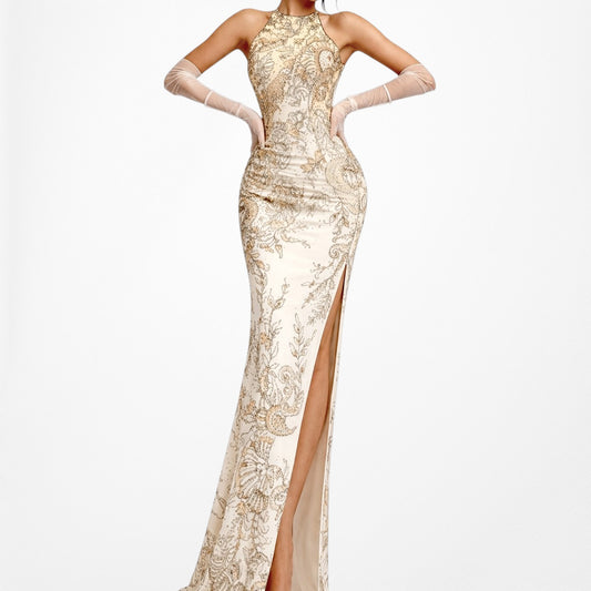 Vintage Y2K Yellow Paisley Beaded Double Slit Silk Ombre Maxi Prom Dress Size S