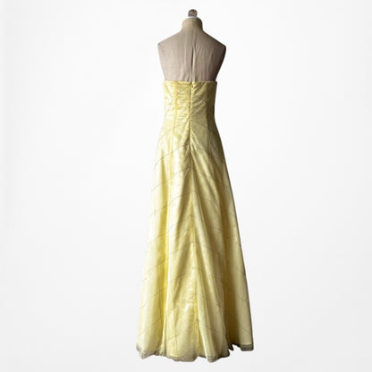 Vintage Y2K Pastel Yellow Strapless Embroidered Mesh Maxi Prom Dress Size S/M