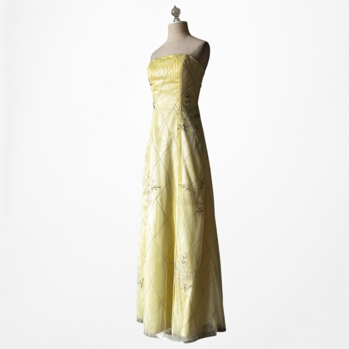 Vintage Y2K Pastel Yellow Strapless Embroidered Mesh Maxi Prom Dress Size S/M