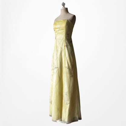 Vintage Y2K Pastel Yellow Strapless Embroidered Mesh Maxi Prom Dress Size S/M