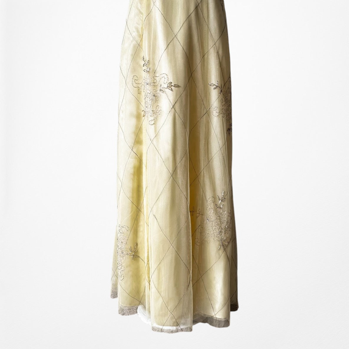 Vintage Y2K Pastel Yellow Strapless Embroidered Mesh Maxi Prom Dress Size S/M