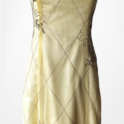 Vintage Y2K Pastel Yellow Strapless Embroidered Mesh Maxi Prom Dress Size S/M