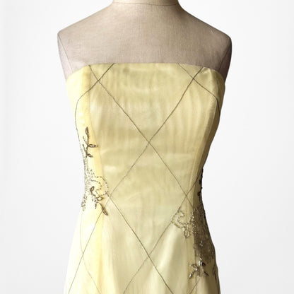 Vintage Y2K Pastel Yellow Strapless Embroidered Mesh Maxi Prom Dress Size S/M