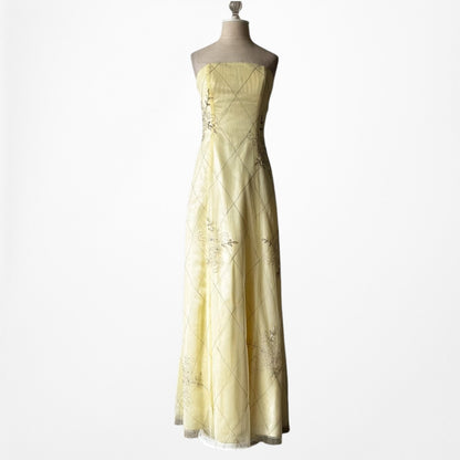 Vintage Y2K Pastel Yellow Strapless Embroidered Mesh Maxi Prom Dress Size S/M