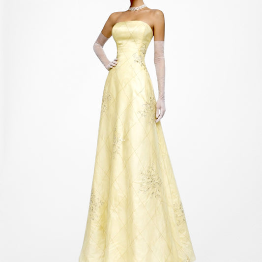 Vintage Y2K Pastel Yellow Strapless Embroidered Mesh Maxi Prom Dress Size S/M