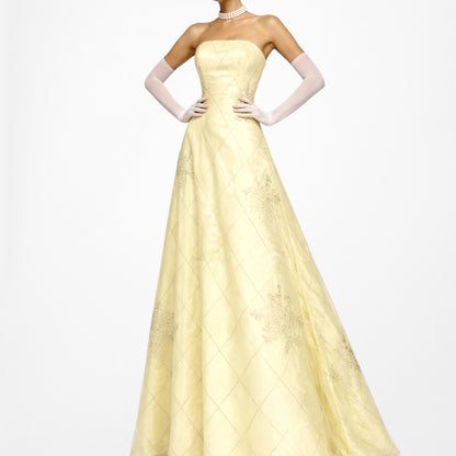 Vintage Y2K Pastel Yellow Strapless Embroidered Mesh Maxi Prom Dress Size S/M