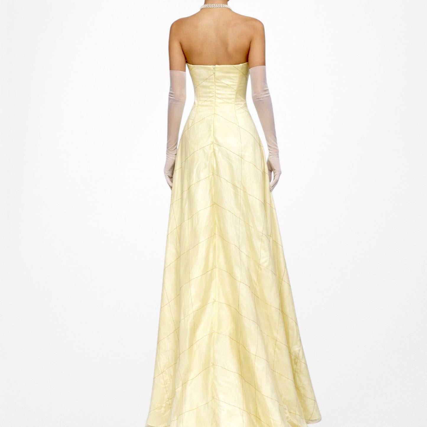 Vintage Y2K Pastel Yellow Strapless Embroidered Mesh Maxi Prom Dress Size S/M