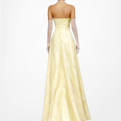 Vintage Y2K Pastel Yellow Strapless Embroidered Mesh Maxi Prom Dress Size S/M