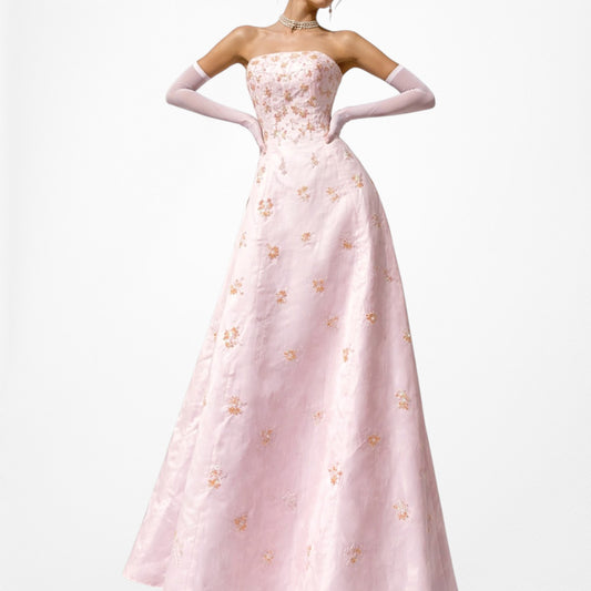 Vintage Y2K Baby Pink Strapless Floral Beaded Flared Maxi Prom Dress Size S