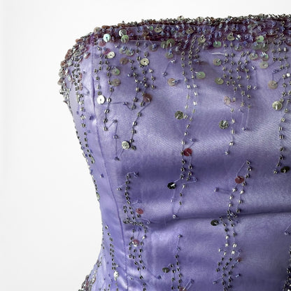 Vintage Y2K Purple Beaded Strapless Organza Lace Up Flared Maxi Prom Dress S