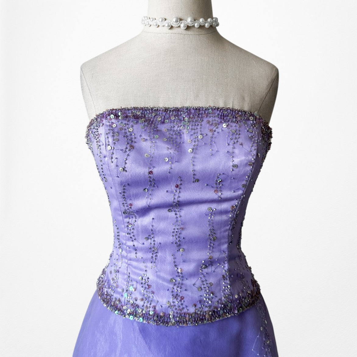 Vintage Y2K Purple Beaded Strapless Organza Lace Up Flared Maxi Prom Dress S