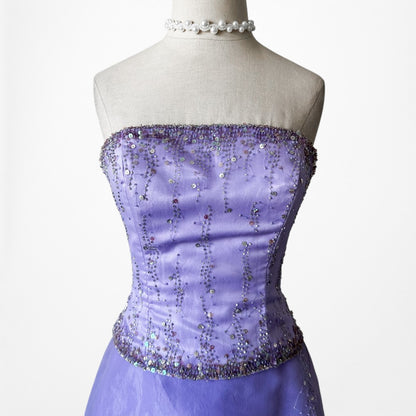 Vintage Y2K Purple Beaded Strapless Organza Lace Up Flared Maxi Prom Dress S