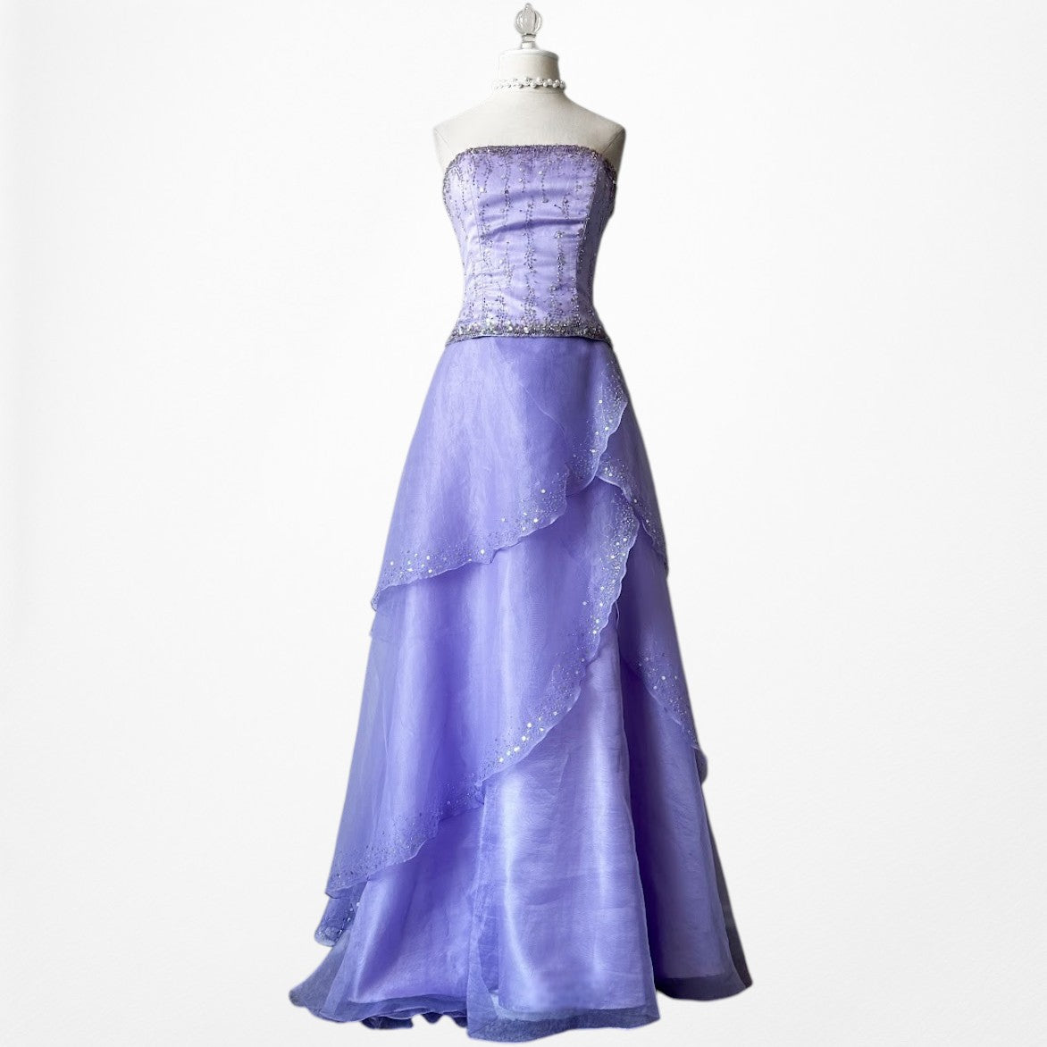 Vintage Y2K Purple Beaded Strapless Organza Lace Up Flared Maxi Prom Dress S