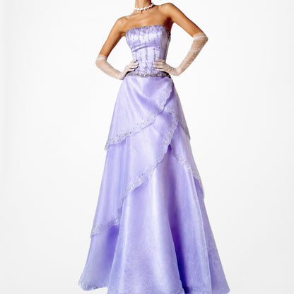 Vintage Y2K Purple Beaded Strapless Organza Lace Up Flared Maxi Prom Dress S