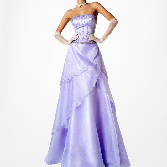 Vintage Y2K Purple Beaded Strapless Organza Lace Up Flared Maxi Prom Dress S