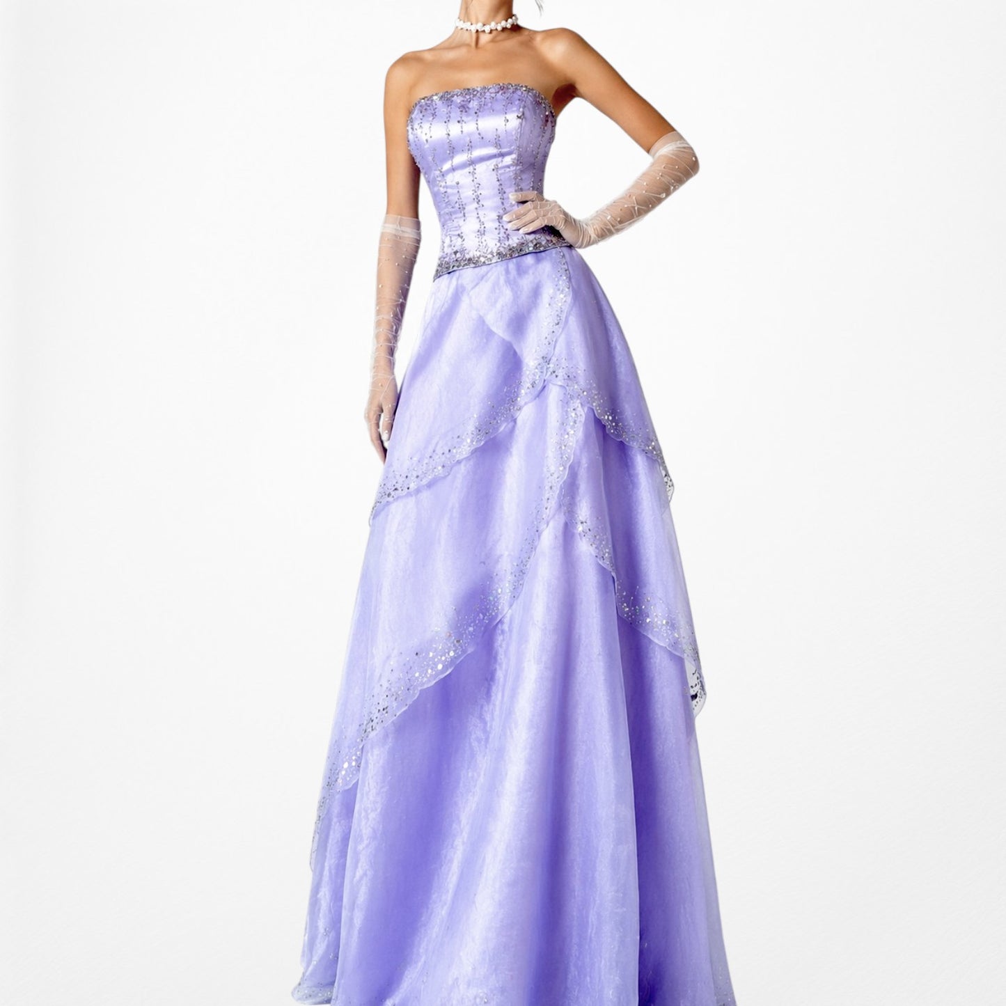 Vintage Y2K Purple Beaded Strapless Organza Lace Up Flared Maxi Prom Dress S