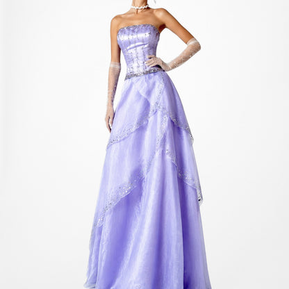 Vintage Y2K Purple Beaded Strapless Organza Lace Up Flared Maxi Prom Dress S