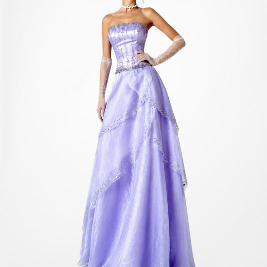 Vintage Y2K Purple Beaded Strapless Organza Lace Up Flared Maxi Prom Dress S