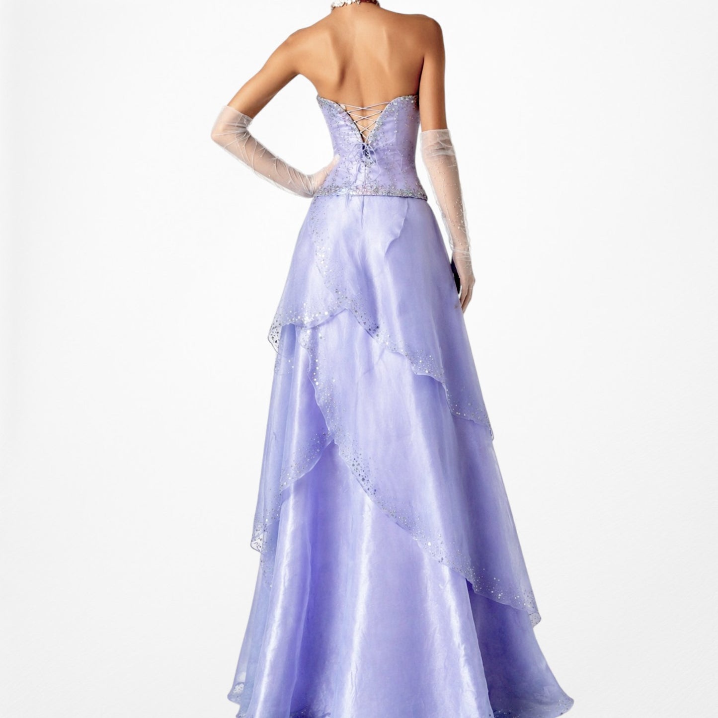 Vintage Y2K Purple Beaded Strapless Organza Lace Up Flared Maxi Prom Dress S