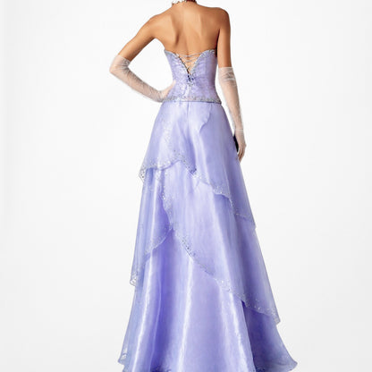 Vintage Y2K Purple Beaded Strapless Organza Lace Up Flared Maxi Prom Dress S