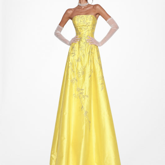 Vintage Y2K 90s Yellow Floral Strapless Beaded Flared Maxi Prom Dress Size S