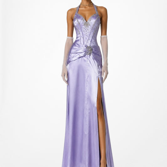 Vintage Purple Satin Halter Beaded Side Slit Maxi Prom Formal Dress Size XS/S