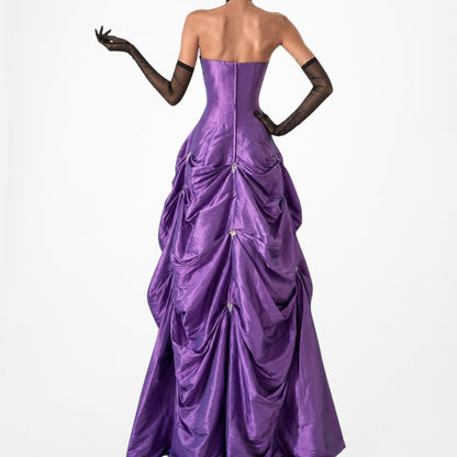 Vintage Purple Strapless Princess Satin Tulle Lined Flared Maxi Prom Dress M