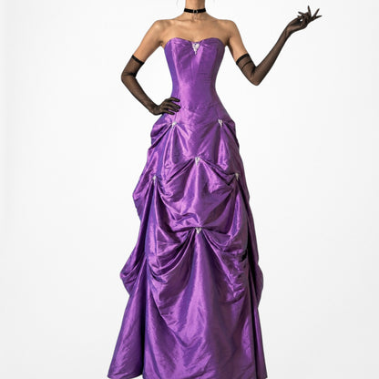 Vintage Purple Strapless Princess Satin Tulle Lined Flared Maxi Prom Dress M