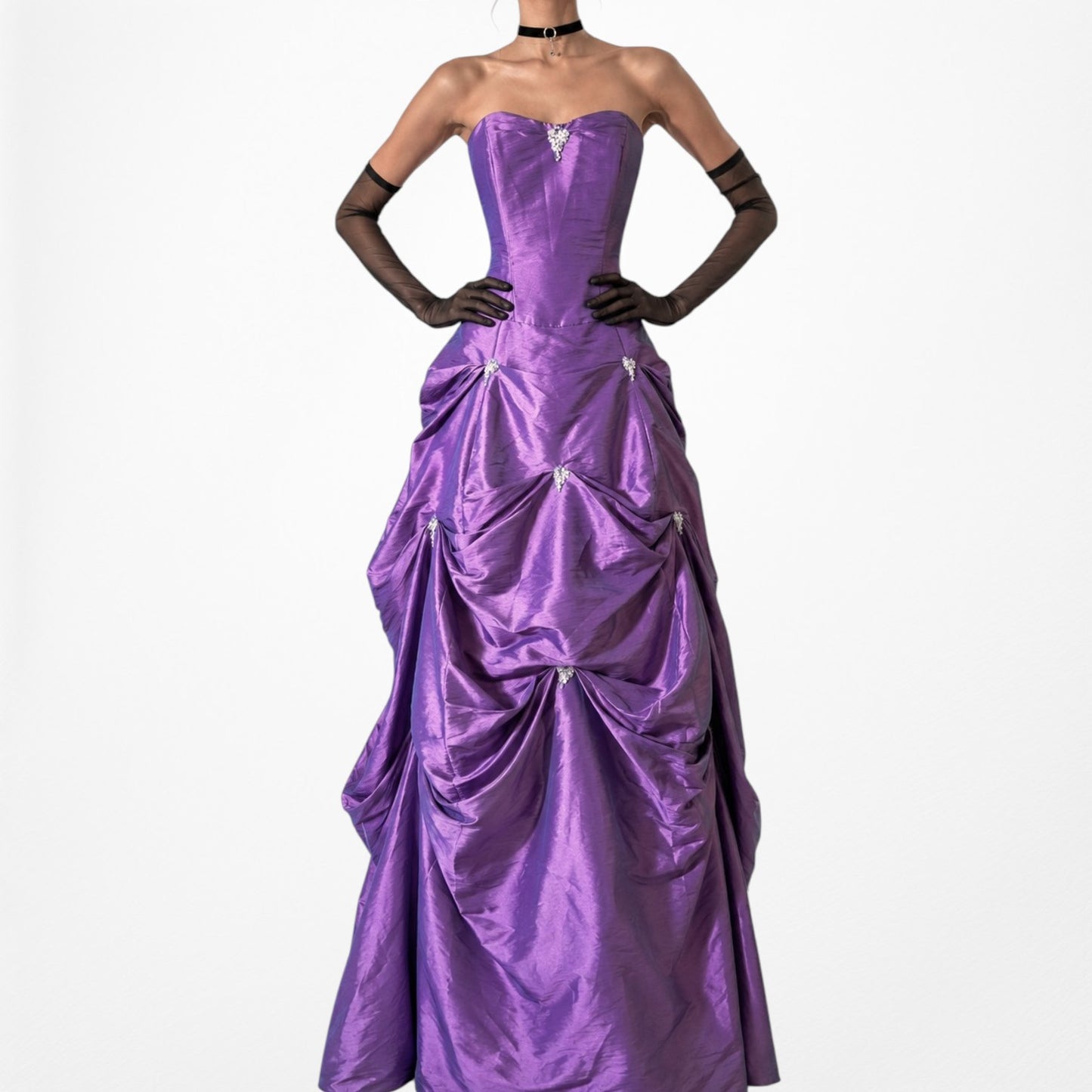 Vintage Purple Strapless Princess Satin Tulle Lined Flared Maxi Prom Dress M