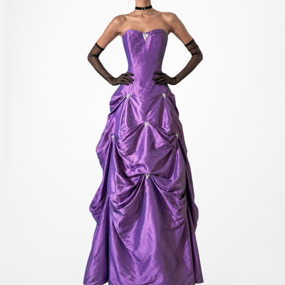 Vintage Purple Strapless Princess Satin Tulle Lined Flared Maxi Prom Dress M