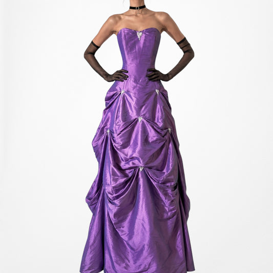 Vintage Purple Strapless Princess Satin Tulle Lined Flared Maxi Prom Dress M