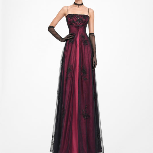 Vintage Y2K Burgundy Red Floral Beaded Mesh Satin Formal Maxi Prom Dress Size S