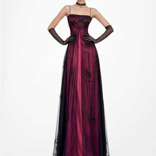 Vintage Y2K Burgundy Red Floral Beaded Mesh Satin Formal Maxi Prom Dress Size S