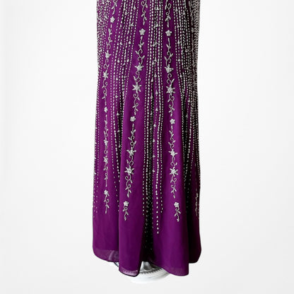Vintage Y2K 90s Purple Beaded Rhinestone Side Slit Formal Maxi Prom Dress Gown S