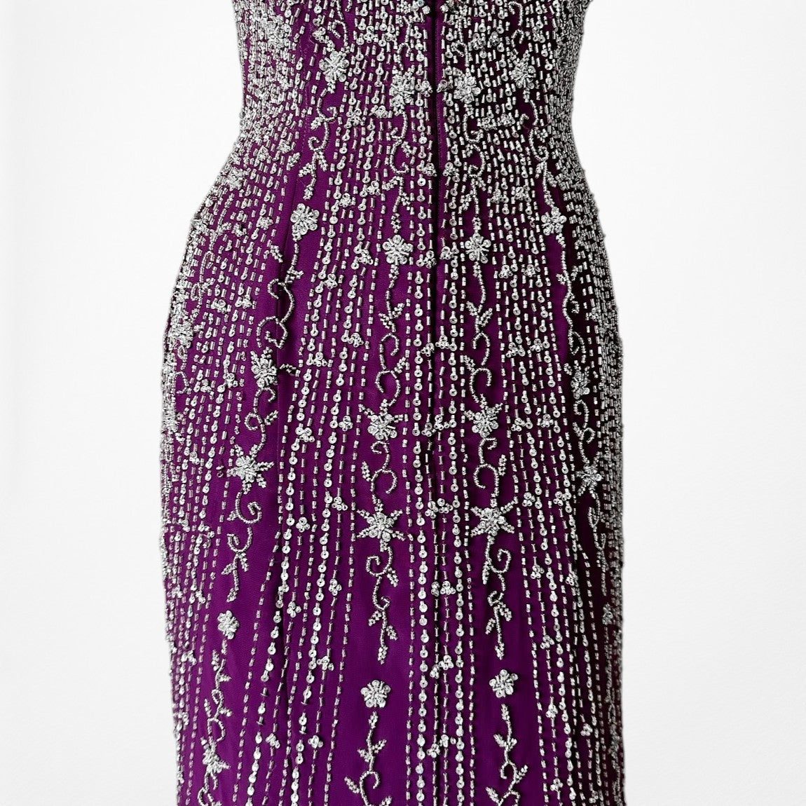 Vintage Y2K 90s Purple Beaded Rhinestone Side Slit Formal Maxi Prom Dress Gown S