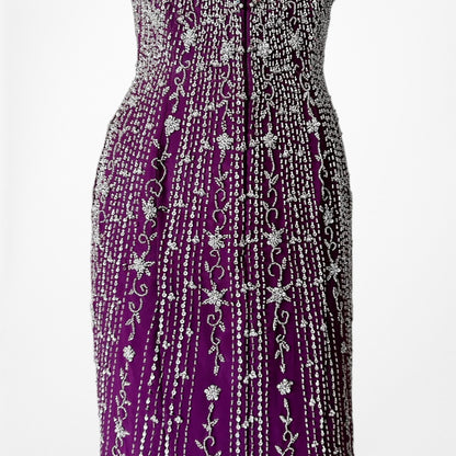 Vintage Y2K 90s Purple Beaded Rhinestone Side Slit Formal Maxi Prom Dress Gown S
