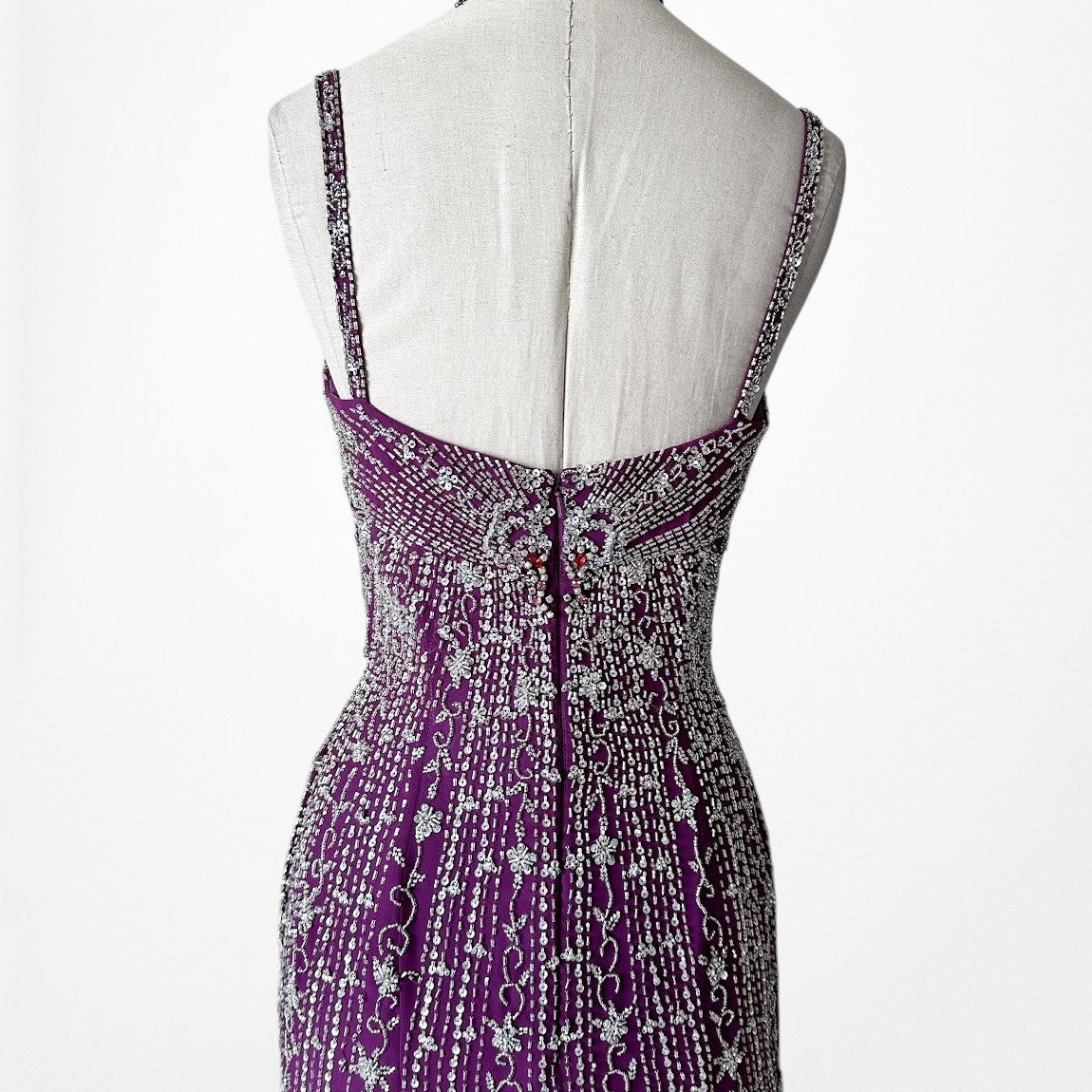 Vintage Y2K 90s Purple Beaded Rhinestone Side Slit Formal Maxi Prom Dress Gown S