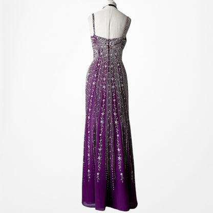 Vintage Y2K 90s Purple Beaded Rhinestone Side Slit Formal Maxi Prom Dress Gown S