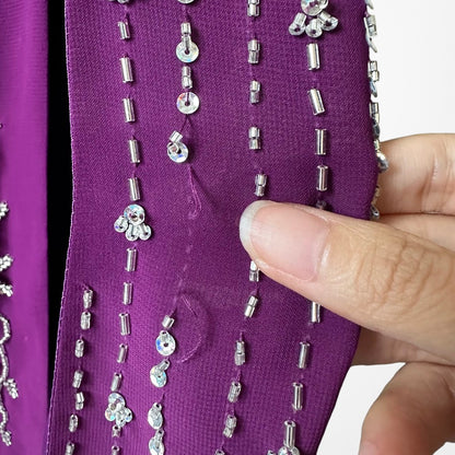 Vintage Y2K 90s Purple Beaded Rhinestone Side Slit Formal Maxi Prom Dress Gown S