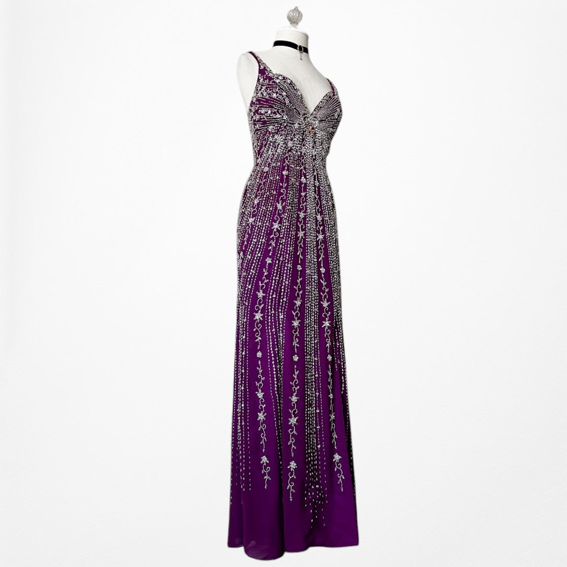 Vintage Y2K 90s Purple Beaded Rhinestone Side Slit Formal Maxi Prom Dress Gown S