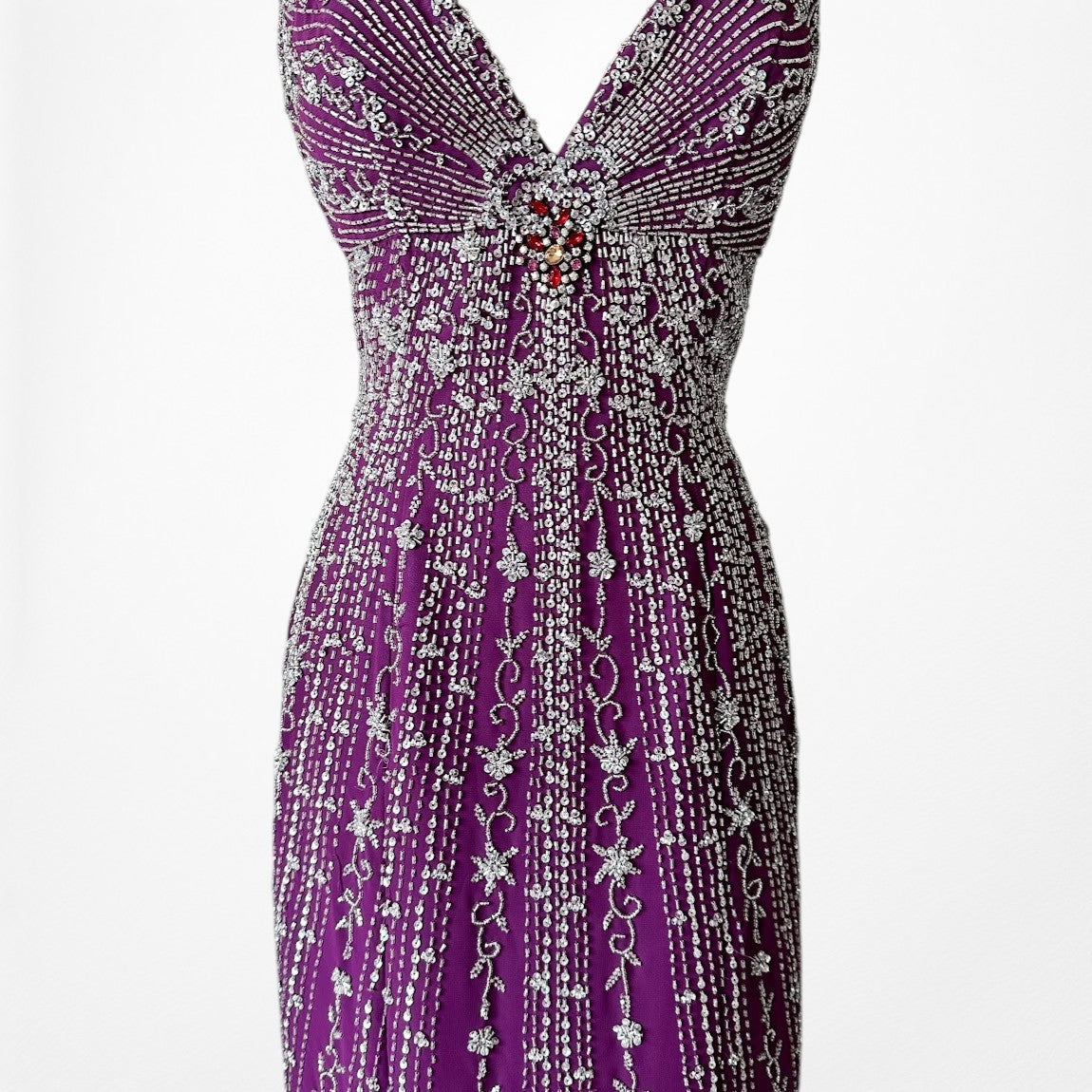 Vintage Y2K 90s Purple Beaded Rhinestone Side Slit Formal Maxi Prom Dress Gown S