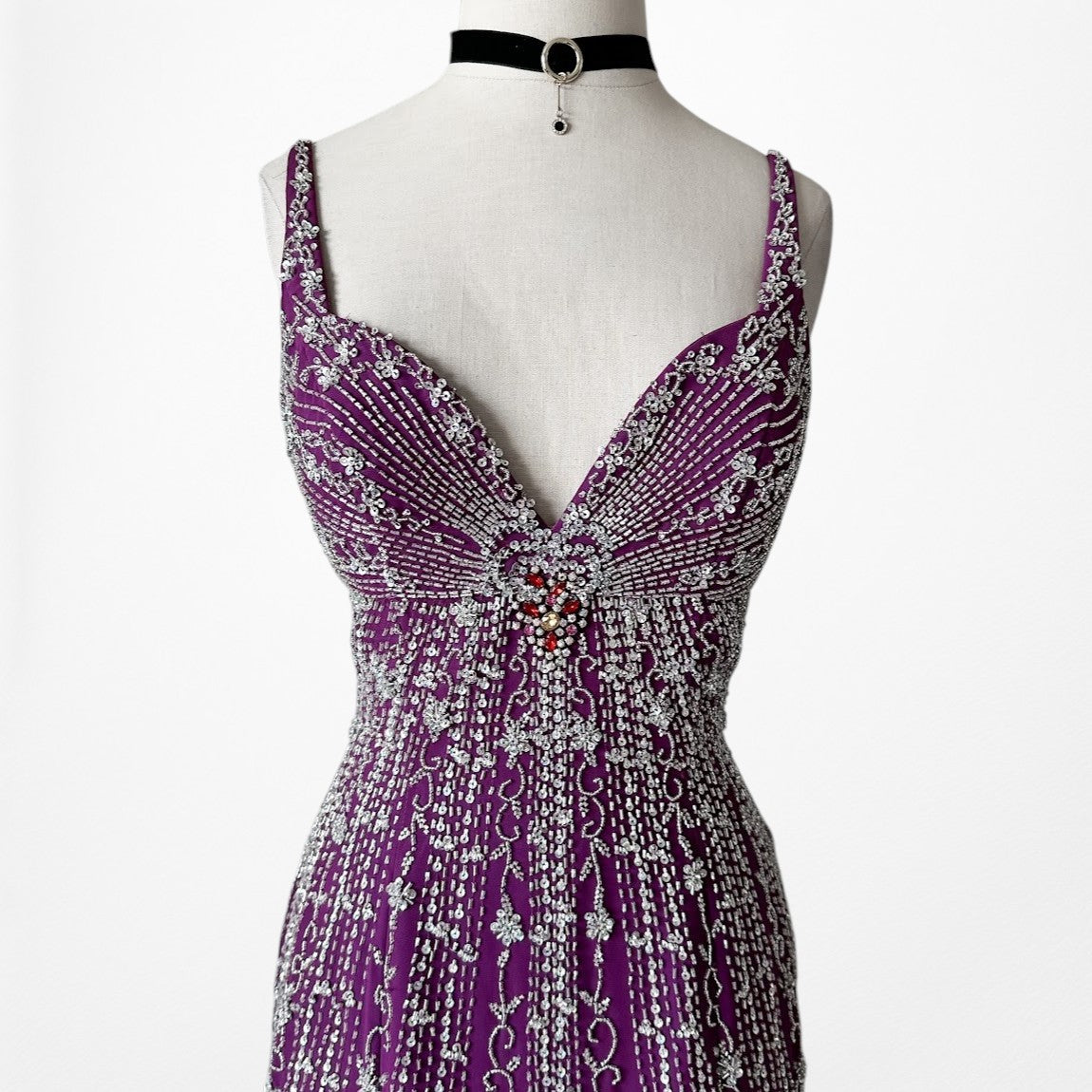 Vintage Y2K 90s Purple Beaded Rhinestone Side Slit Formal Maxi Prom Dress Gown S