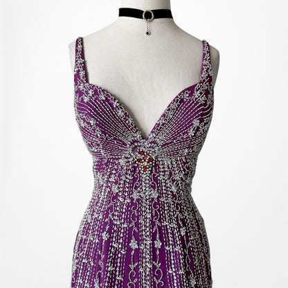 Vintage Y2K 90s Purple Beaded Rhinestone Side Slit Formal Maxi Prom Dress Gown S