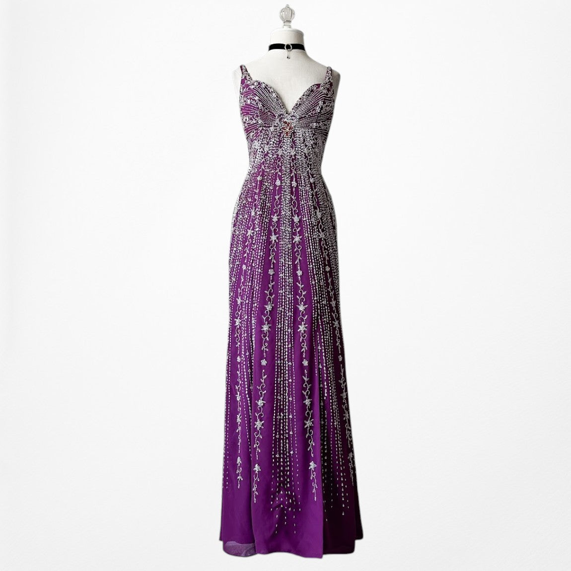 Vintage Y2K 90s Purple Beaded Rhinestone Side Slit Formal Maxi Prom Dress Gown S