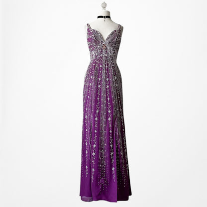 Vintage Y2K 90s Purple Beaded Rhinestone Side Slit Formal Maxi Prom Dress Gown S