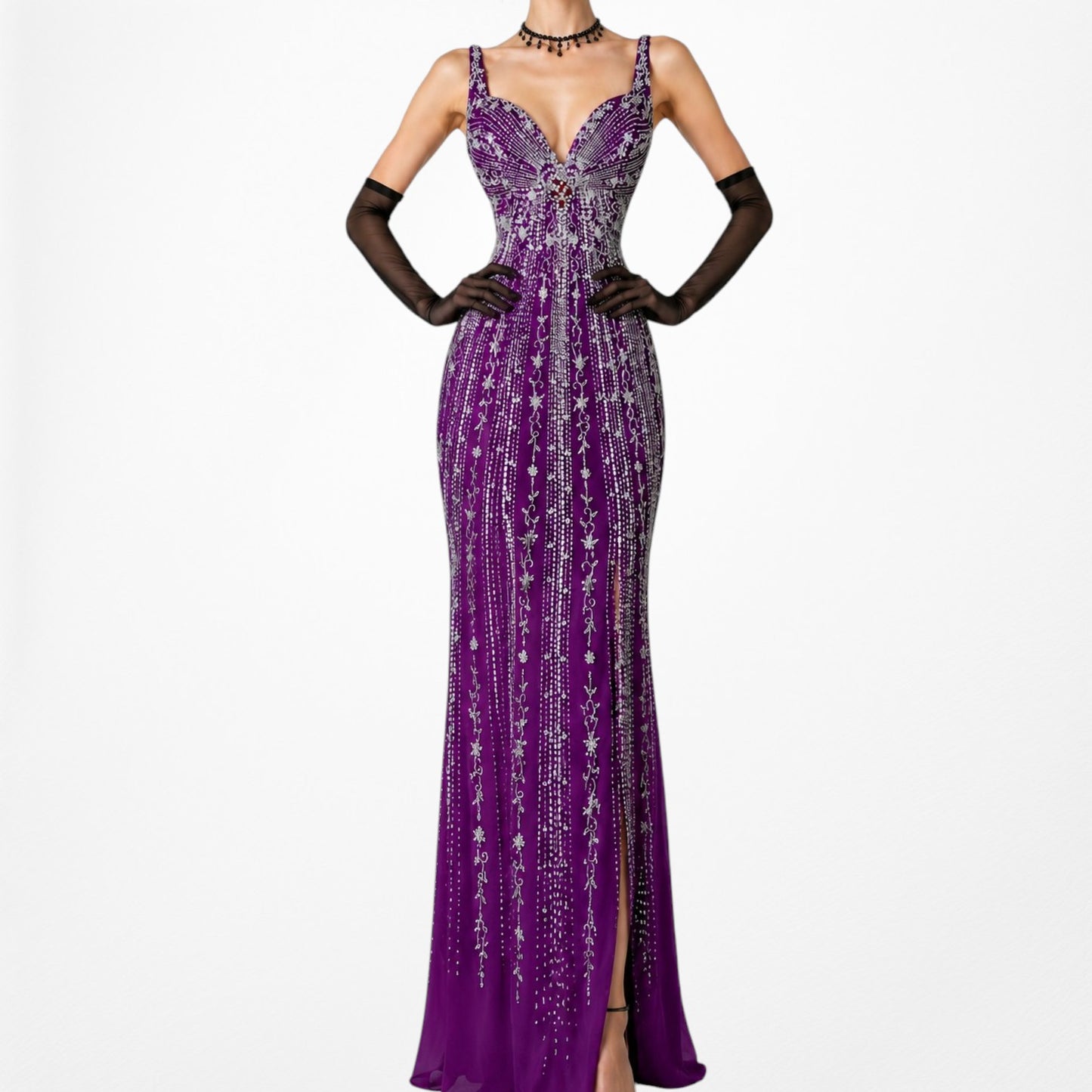 Vintage Y2K 90s Purple Beaded Rhinestone Side Slit Formal Maxi Prom Dress Gown S