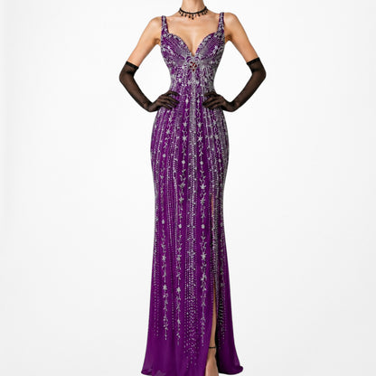 Vintage Y2K 90s Purple Beaded Rhinestone Side Slit Formal Maxi Prom Dress Gown S