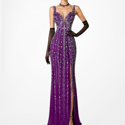 Vintage Y2K 90s Purple Beaded Rhinestone Side Slit Formal Maxi Prom Dress Gown S