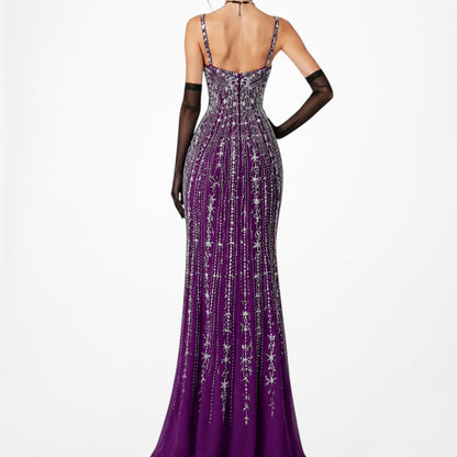 Vintage Y2K 90s Purple Beaded Rhinestone Side Slit Formal Maxi Prom Dress Gown S