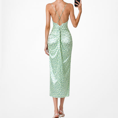 Zara Pastel Green Blue Printed Satin Midi Ruched Side Slit Summer Sundress S